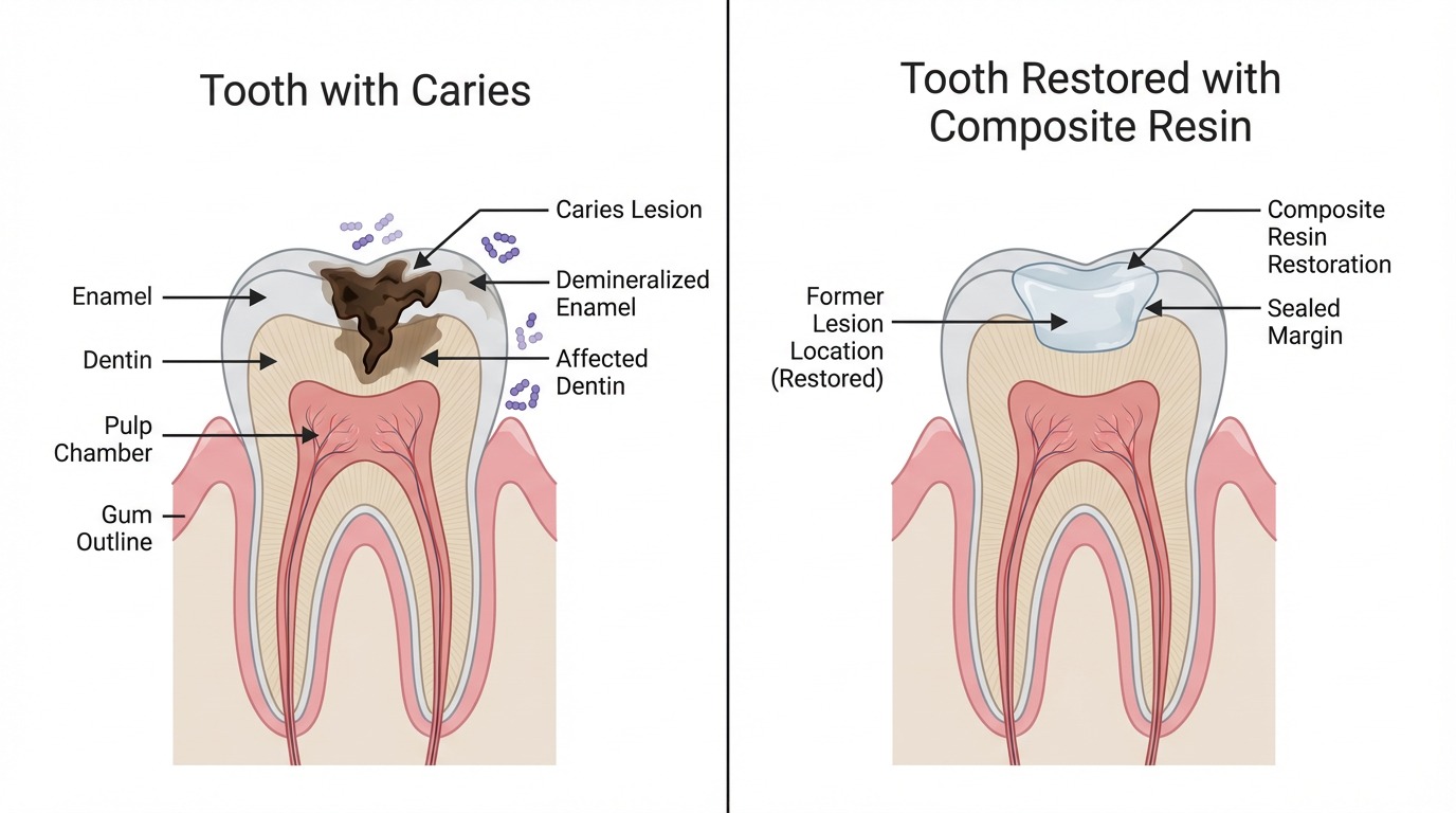 Il·lustració: comparativa de la dent amb càrie vs. dent restaurada amb resina composta