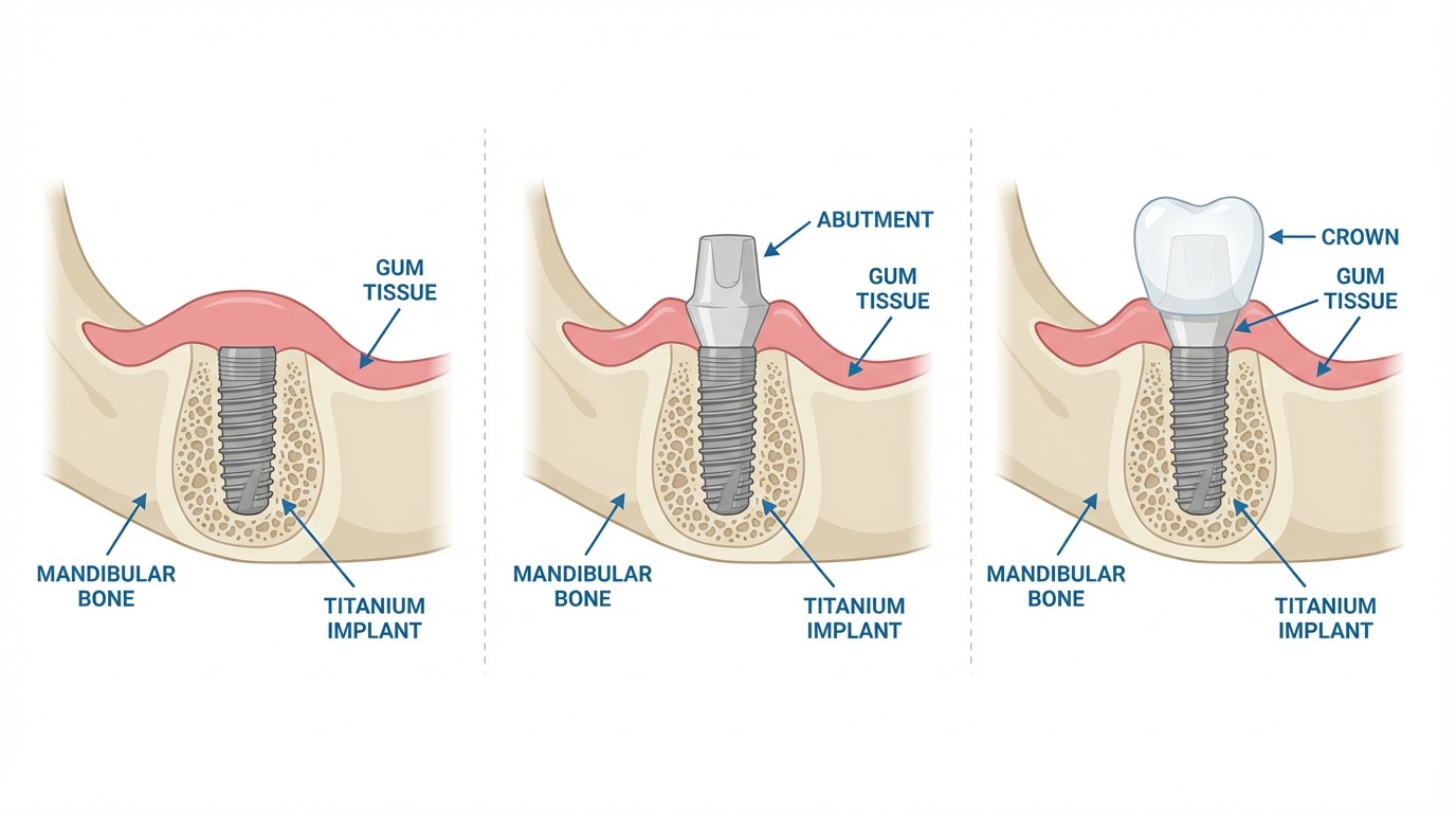 Implant dental de 3 fases amb PRF — implant de titani, pilar (abutment) i corona ceràmica — Clínica Dental Dra. Ureta Barcelona